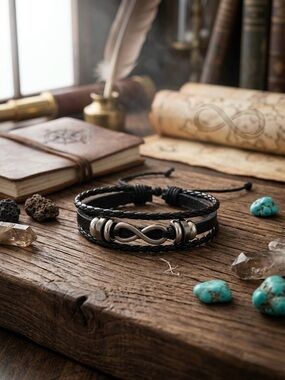 Hand Crafted Black Leather Bracelet with Silver Infinity Charm